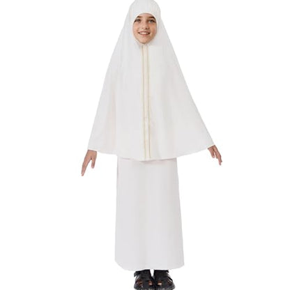 Lenmipot Kids Jilbab 2pcs Abaya Girls Muslim Prayer Dress Kids Eid Full Cover Abaya Dress Set Islamic Prayer Jilbab for Girl - color: Whitea, size: 9-10 Years
