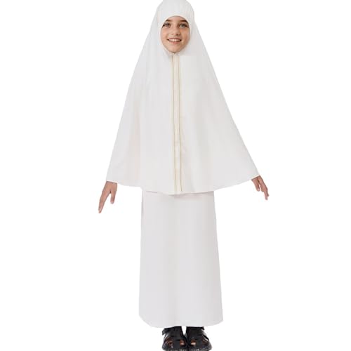 Lenmipot Kids Jilbab 2pcs Abaya Girls Muslim Prayer Dress Kids Eid Full Cover Abaya Dress Set Islamic Prayer Jilbab for Girl - color: Whitea, size: 6-7 Years