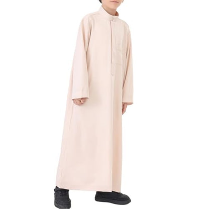 Boys Muslim Abaya Thobe Long Sleeve Cotton Islamic Prayer Kaftan Clothes Teen Kids Ramadan Plain Soft Festive Thobe - color: Beige, size: 5-6 Years