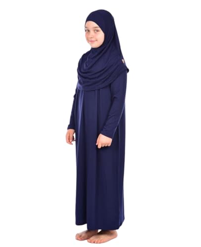 Prien Kids Prayer Dress Muslim Clothes for Girls Long Sleeve Abaya with Hijab Two Piece Maxi Islamic Set Scarf Kaftan Jilbab - color: Navy Blue