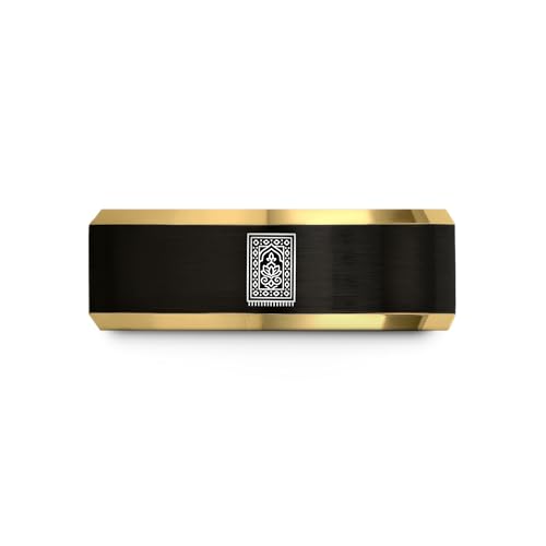 Gift for Muslim Devotee - Prayer Rug Pattern Ring - Black Yellow Rose Gold - Band - Anniversary Wedding - Personalized Custom Engraving - Flat Dome Bevel - 8mm - Men Women - Tungsten Carbide - color: 14 - Yellow Gold Black Tungsten