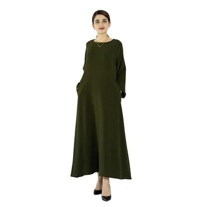 Women Abaya Muslim Dress Long Sleeve Modest Prayer Maxi Kaftan Islamic Clothes with Pockets - color: Army Green, size: XX-Large