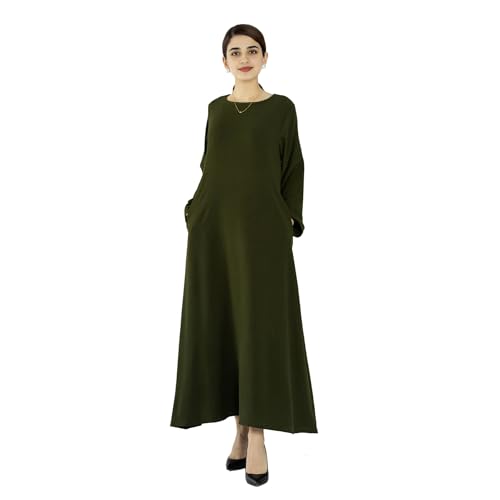 Women Abaya Muslim Dress Long Sleeve Modest Prayer Maxi Kaftan Islamic Clothes with Pockets - color: Army Green, size: Large