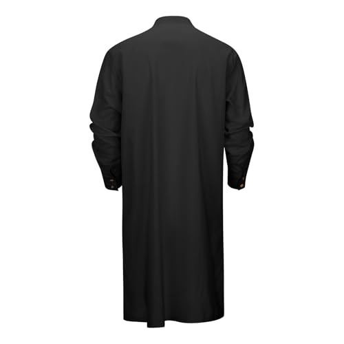 Men's Long Sleeve Stand Collar Kaftan Thobe Button Down Henley Robe Casual Side Slit Front Pleated Gown Shirt Tops - color: Black, size: Small