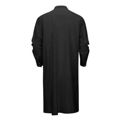 Men's Long Sleeve Stand Collar Kaftan Thobe Button Down Henley Robe Casual Side Slit Front Pleated Gown Shirt Tops - color: Black, size: 3X-Large