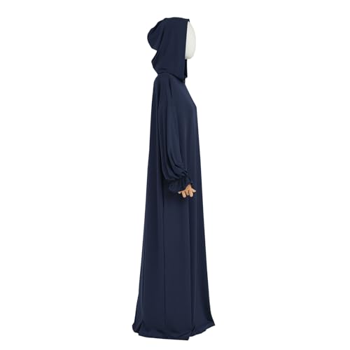 Muslim Hoodie Abaya Islamic Prayer Jilbab Maxi Robe with Inner Cap | Two-layer Cap, Prayer Abaya, Large Style - color: Dark Blue