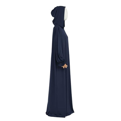 Muslim Hoodie Abaya Islamic Prayer Jilbab Maxi Robe with Inner Cap | Two-layer Cap, Prayer Abaya, Large Style - color: Dark Blue