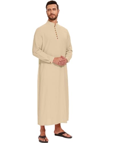 LVCBL Thobe for Men Long Sleeve Kaftan Muslim Thobe Button Down Long Gown Caftan with Pockets - color: Khaki, size: XX-Large