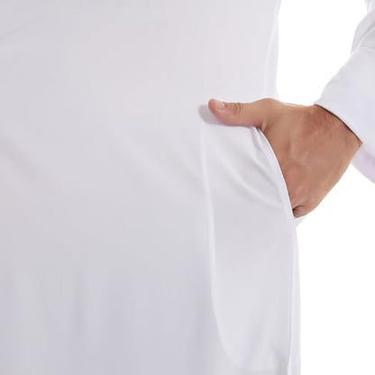 IKADEX Muslim Thobe for Men Islam Kaftan Long Sleeve Button Down Casual Henley Prayer Robe Clothing Dubai Arabic with Pockets - color: White, size: Medium
