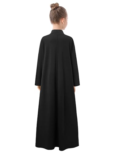 WSPLYSPJY High Neck Kids Girls Abaya Dress Solid Color Muslim Robe Prayer Clothes with Pockets - color: 블랙., size: 9-10세