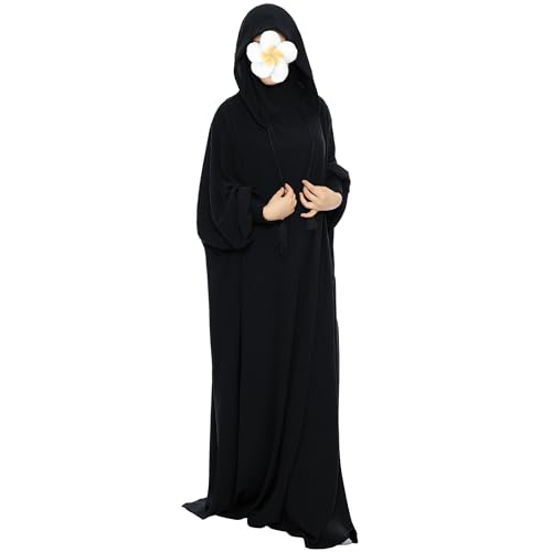 khalat Muslim Prayer Dress Abaya Solid One-Piece Hoodie Abaya Dress for Women Long Maxi Dress Islamic Dubai Jilbab - color: Black