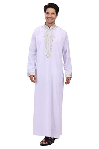 Men's Thoub Arabic thoub Long Sleeve Arab Thobe Embroidery Dress Full Length for Eid & Weddings - color: White, size: 60