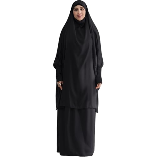 Muslim Women Abaya Two Pieces Set Prayer Dress Elasticated Sleeves Islamic Robe Modest Full Cover Prayer Clothes - color: Black