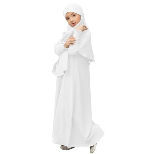 OBEEII Abaya for Girls Muslim Long Sleeve Prayer Dress Ramadan Kaftan Abaya with Hijab Islamic Clothing Arabic Eid Robe - color: White, size: 5-6 Years