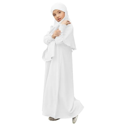 OBEEII Abaya for Girls Muslim Long Sleeve Prayer Dress Ramadan Kaftan Abaya with Hijab Islamic Clothing Arabic Eid Robe - color: White, size: 5-6 Years