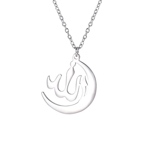 Islamic Text Symbols Necklace Glossy Arabic Pendant Necklace Middle East Crescent Allah Daan Muslim Gifts Religious Jewelry Gifts for Men and Women - color: silver2
