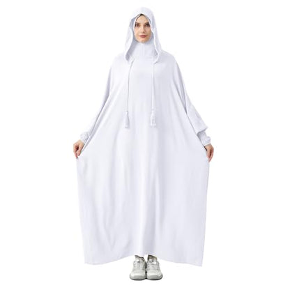Abaya Muslim Dress Women Prayer Dress Long Sleeve Hooded Loose Maxi Dress Arabian Dubai Islamic Clothes - color: White