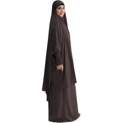 Muslim Women Abaya Two Pieces Set Prayer Dress Elasticated Sleeves Islamic Robe Modest Full Cover Prayer Clothes - color: Brown