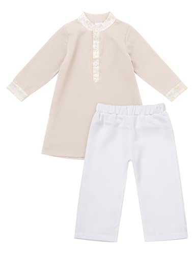 IWEMEK 2PCS Baby 1st Ramadan Outfit Muslim Clothes for Baby Boys Thobe Eid Robe Pants Set Toddler Kaftan Islamic Prayer Abaya - color: Apricot + White, size: 6-12 Months