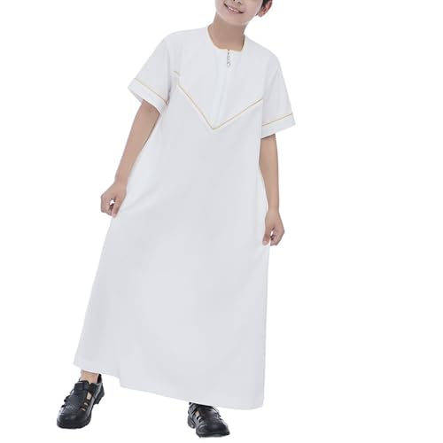 Boys Short Sleeve Muslim Thobes Islamic Kids Half Zipper Eid Traditional Prayer Kaftan Thobes Toddler Abaya Clothes - color: White, size: 5-6 Years