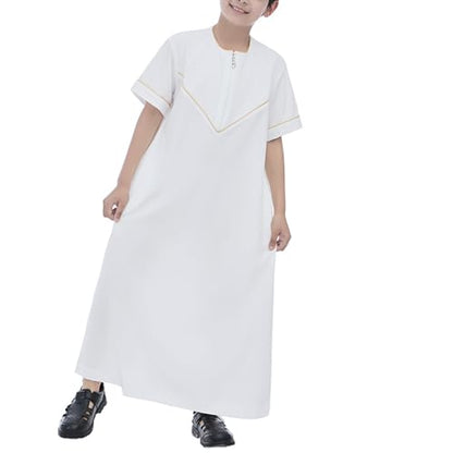 Boys Short Sleeve Muslim Thobes Islamic Kids Half Zipper Eid Traditional Prayer Kaftan Thobes Toddler Abaya Clothes - color: White, size: 11-12 Years