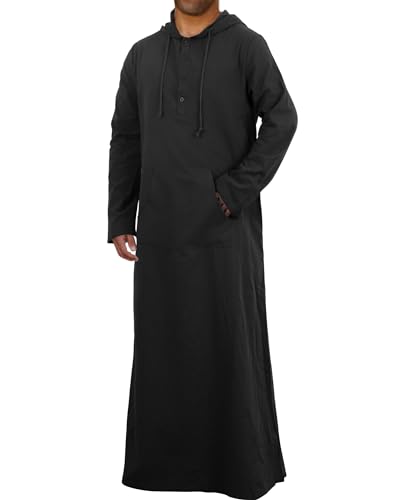 YAOHUOLE Kaftan for Men Long Sleeve Muslim Thobe for Men Big and Tall Kaftan with Hoodie - color: Black, size: Large