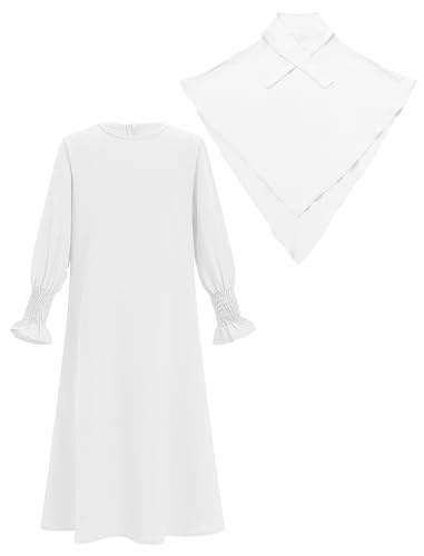 OBEEII Abaya for Girls Muslim Long Sleeve Prayer Dress Ramadan Kaftan Abaya with Hijab Islamic Clothing Arabic Eid Robe - color: White, size: 11-12 Years