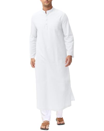 LVCBL Kaftan for Men Long Sleeve Caftan Thobe Side Split Muslim Robe Button Down Long Gown Tunic Shirts - color: White, size: Medium