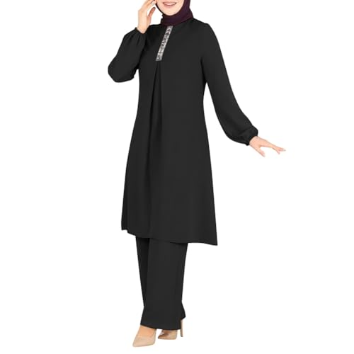 Abayas 여성용 드레스 무슬림 긴소매 루즈 탑 팬츠 2피스 두바이 이슬람 무슬림 여성용 매칭 세트 - color: 블랙 B, size: X-Large