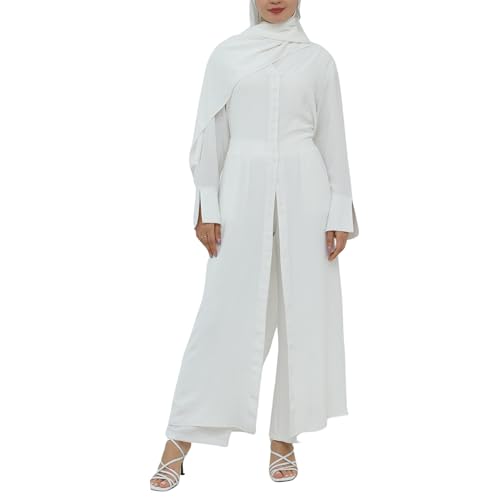 Women's Muslim 2 Pieces Sets Long Sleeve Button Down Shirt and Pants Eid Ramadan Abaya Casual Dress Dubai Outfits - color: White, size: X-Large-XX-Large