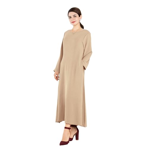 Women Abaya Muslim Dress Long Sleeve Modest Prayer Maxi Kaftan Islamic Clothes with Pockets - color: Beige, size: Large