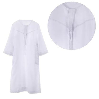ITODA Embroidered Muslim Arabic Thobe Long Sleeve Kaftan Islamic Ramadan Prayer Robe - color: White-3
