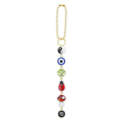Evil Eye 자동차 걸이 장식, 백미러용 귀여운 자동차 참, 네잎 클로버, 무당벌레, 공 8개, 버섯, 음양 심보 및 보헤미안 자동차 액세서리가 있는 행운의 장식
