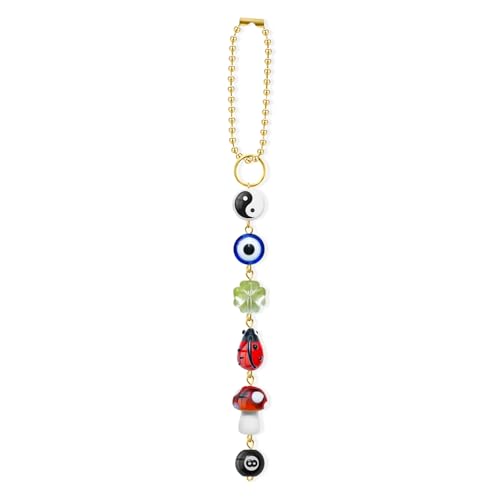 Evil Eye 자동차 걸이 장식, 백미러용 귀여운 자동차 참, 네잎 클로버, 무당벌레, 공 8개, 버섯, 음양 심보 및 보헤미안 자동차 액세서리가 있는 행운의 장식