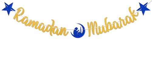 Ramadan Mubarak Banner - Eid Mubarak, Eid Festival Party Decor, Ramadan Party Decor, Star Moon Muslim Islamic Ramadan Kareem Festival Celebration Party Decorations Gold Glitter