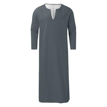 Mens Kurta Linen V Neck Long Sleeve Kaftan Casual Modern Everyday Thobes Soft Breathable Lightweight Kurta - color: 02#_grey, size: 3X-Large