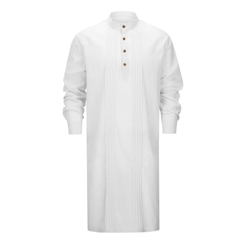 Men’s Thobe Muslim Islamic Robe Kaftan Long Sleeve Arabic Jubba Side Split Henley Neck Cotton Dress A17 - color: White, size: X-Large