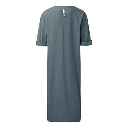Mens Muslin Robe Full Length Long Sleeve Tops V Neck Kaftan Lightweight Pullover Thobe Comfy Nightshirts - color: A03 Grey, size: X-Large