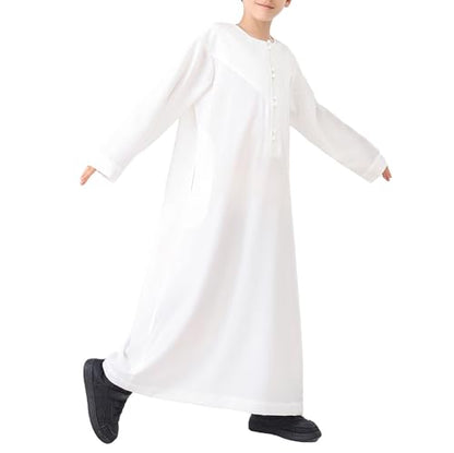 Kids Arabic Thobes for Boys Muslim Thobe Long Sleeve Kaftan Islamic Prayer Dress Kids Dubai Robe Burkas Ramadan Eid Outfit - color: White, size: 9-10 Years