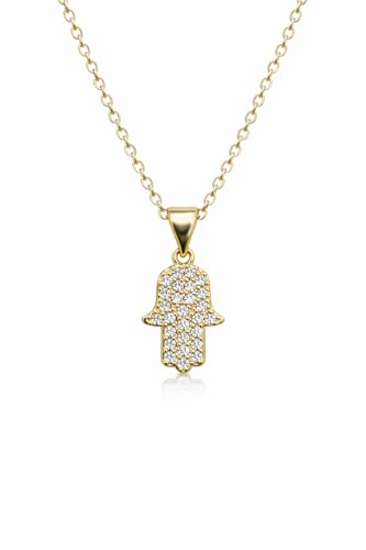 Made In Israel 14K Gold Plated Stainless Still Hamsa Necklace for Women – Jewish Symbol Pendant from Israel – Elegant Hebrew With Cubic Zirconia Dainty Religious Jewish Jewelry - color: Gold