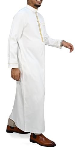 Traditional Men's Long Sleeve Thobe With Gold-tone Embroidery And Ankle Length Design - size: X-Large