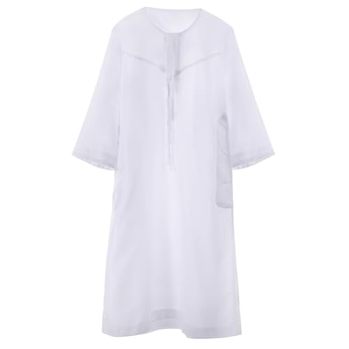 ITODA Embroidered Muslim Arabic Thobe Long Sleeve Kaftan Islamic Ramadan Prayer Robe - color: White-1