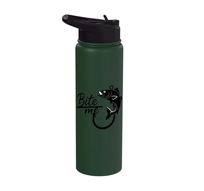 Bite Me Fishing Hook Funny Angler Fish Graphic Stainless Steel Insulated Water Bottle - color: Dark Green