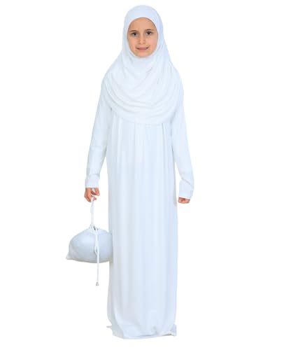 Prien Kids Muslim Prayer Dress With Hijab & Pouch, Soft Viscose Abaya For Girls, Islamic Clothes, Robe For Eid, Ramadan - color: Cream