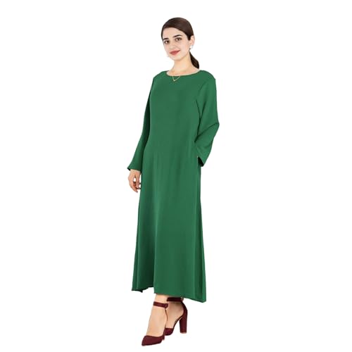 Women Abaya Muslim Dress Long Sleeve Modest Prayer Maxi Kaftan Islamic Clothes with Pockets - color: Dark Green, size: Large