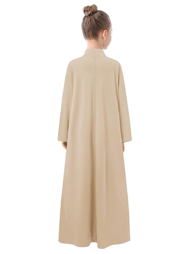 WSPLYSPJY High Neck Kids Girls Abaya Dress Solid Color Muslim Robe Prayer Clothes with Pockets - color: 라이트 카키., size: 9-10세