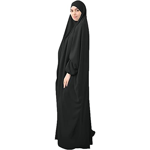 FPOVFPO Womens One-Piece Solid Abaya Muslim Prayer Dress Islamic Maxi Kaftan with Hijab Dubai Full Length Dress - color: Black