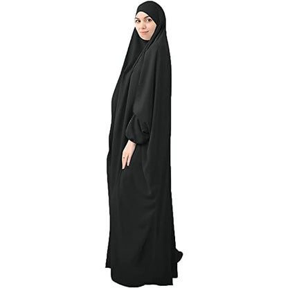 FPOVFPO Womens One-Piece Solid Abaya Muslim Prayer Dress Islamic Maxi Kaftan with Hijab Dubai Full Length Dress - color: Black