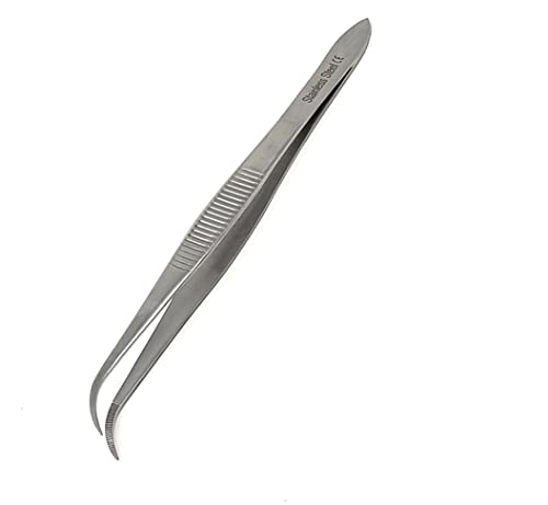 Iris Eye Dressing Forceps 4.5", Half Curved, Serrated Tips Made of Premium Quality Stainless Steel