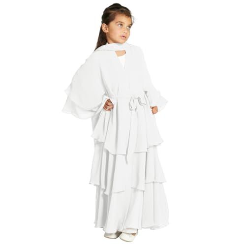 IDOPIP Muslim Girls Abayas Dress for Kids Long Sleeve Chiffon Islamic Kaftan Robe Open Front Cardigan Prayer Dress with Hijab - color: White, size: 4-5T